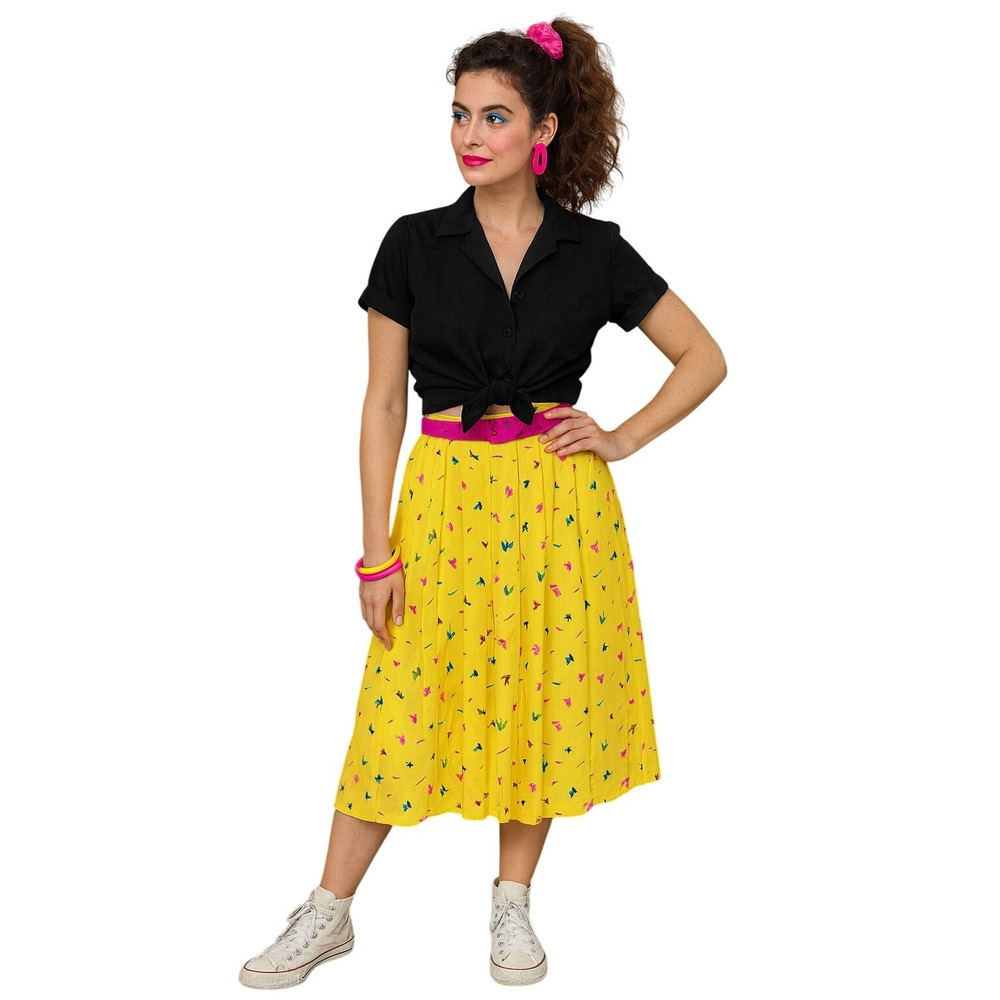 Vintage 80s 90s Chaus Petites 6P Yellow Pleated Midi Skirt Geo Abstract Print